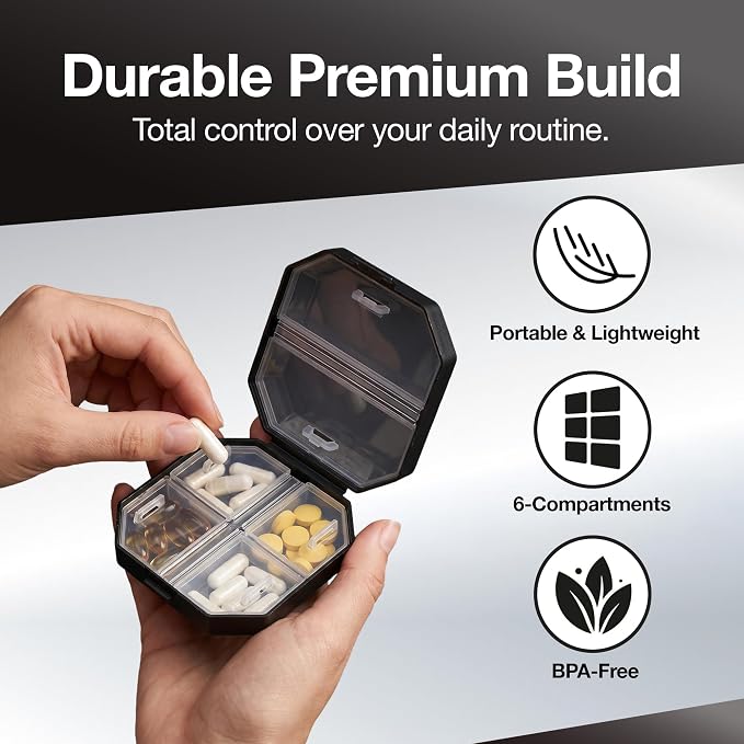 6-Compartment Travel Pill Organizer – Portable Daily Vitamin & Medicine Case, Compact & Durable Pill Box for Pocket, Purse, or Travel (Black)