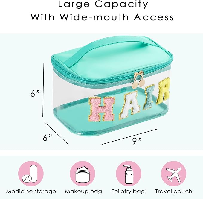 Personalized Chenille Letter Clear Hair Makeup Bag, Large Size Waterproof Nylon Cosmetic Toiletry Storage bag with Top Handle, Transparent Meds Hair Travel Organizer Cosmetic Bag(05Hair-Green)