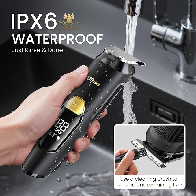 Ufree 3-in-1 Beard Trimmer for Men, IPX6 Waterproof Electric Razor Shaver | Beard, Nose, Hair, Stainless Steel Blades, USB-C Fast Charge, 120-Min Usage, 8000 RPM, Wet and Dry, LED Display, Travel Lock