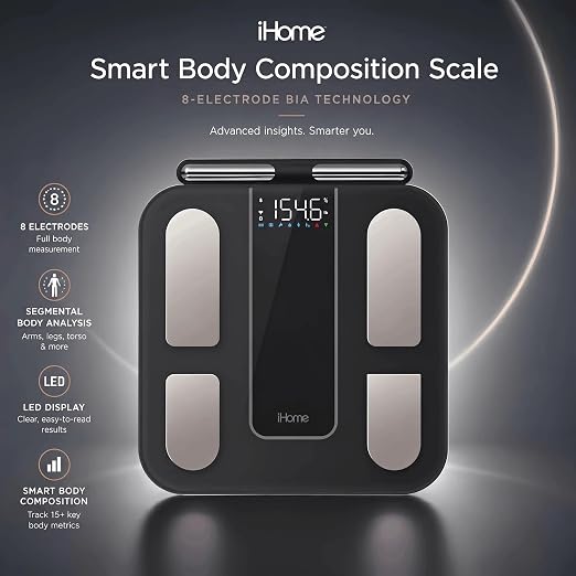 iHome 8 Electrode Smart Scale for Body Weight — Smart Scale with BMI, Body Fat, Muscle Mass, 56 Composition Metrics, Heart Rate, Bluetooth, 397lb