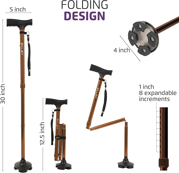 Allay Walking Cane for Men & Women - Foldable, Adjustable, Collapsible Walking Canes for Seniors Balance, Free Standing, Pivot Tip, Heavy Duty, with Travel Bag | Walking Sticks for Seniors & Adults