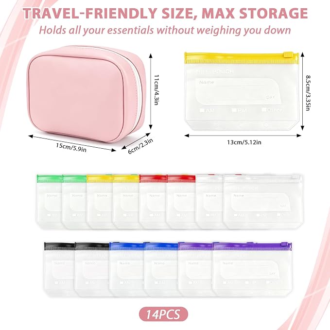 A8 Pink Waterproof Pill Pouch Set,Travel Pill Organizer with 14 Reusable Pill Pouches, Large 7 Day Twice-Daily Travel Medicine Case for Purse, Compact Medication Storage Bag