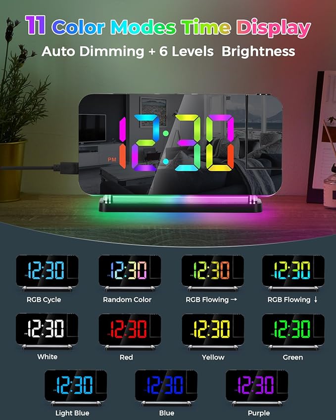 SZELAM Projection Alarm Clock, 7.4 in Digital Mirror Clocks,with 180° Rotatable Projector, RGB Night Light,USB C Charger Port, Auto Dimmer, LED Desk Clock for Bedroom - Black