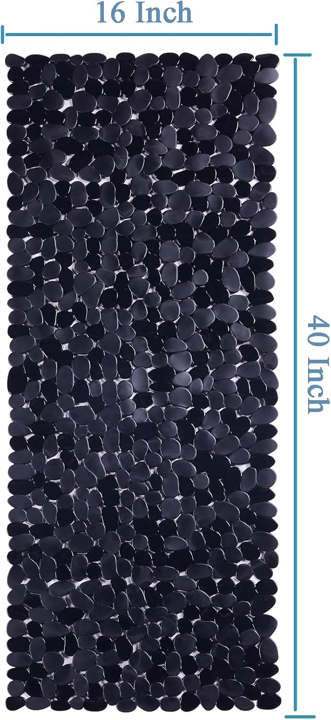 Bath Shower Mat Non Slip: Extra Large Pebble Bathtub mat for Families, Anti Slip Shower Matt with Drain Holes Suction Cups Tub Mat - 16 X 40 Inch Black