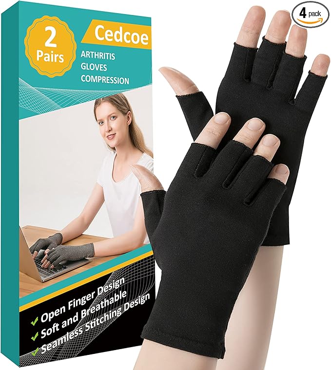 2 Pairs Arthritis Gloves Fingerless Compression Gloves for Relieve Hand Pain, Rheumatoid, Osteoarthritis, Tendonitis, Carpal Tunnel for Women and Men to Daily Work (Black, Medium)