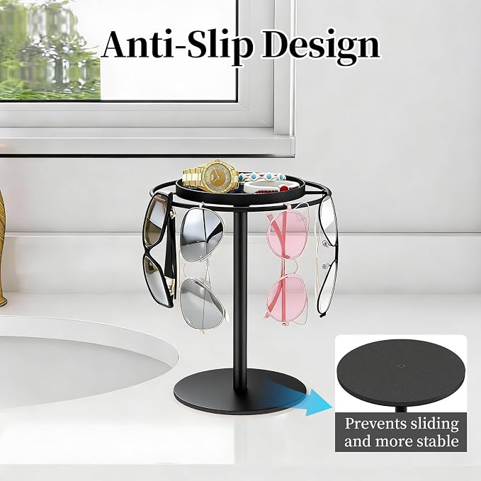 LSK Metal Sunglasses Organizer, Glasses Holder Stand with Storage Tray, Eyeglasses Holder with Anti-Slip Pads for Tabletop, Desk, Dresser, Matte Black