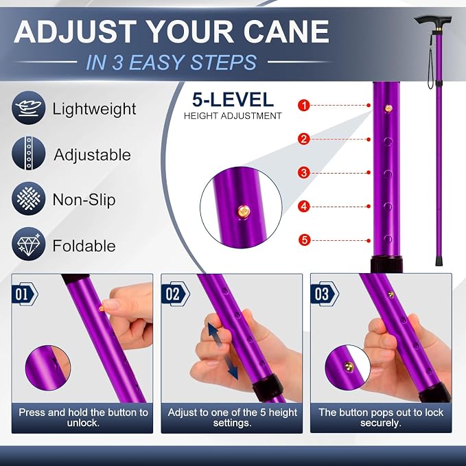 supregear Folding Cane, 5-Level Adjustable Height Walking Stick Lightweight Collapsible Portable Travel Cane with Wrist Strap and T Handle for Elderly Disabled Men Women
