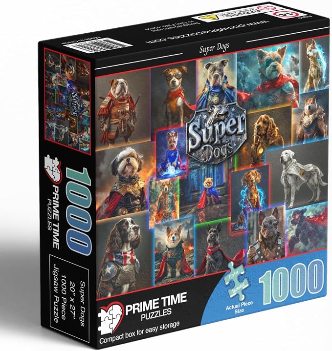 Adult Jigsaw Puzzle Superhero Dogs 1000 Piece | Colorful collage featuring French Bulldogs, Spaniels, and Corgis in superhero costumes — fun for kids and families too.