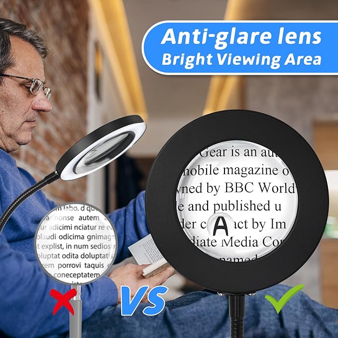 10X 30X Floor Magnifying Glass with Light and Stand, 72 LED Floor Magnifying Lamp, 3 Color Modes 10 Stepless Dimmable Floor Magnifiers for Reading, Sewing, Crafts, Painting, DIY, Close Work Black