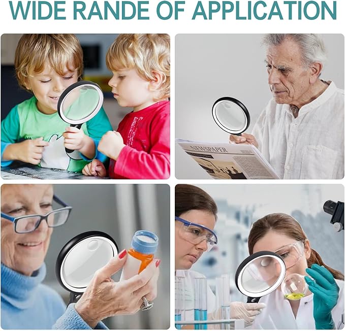 Large Magnifying Glass with 37 LED Light, 10X 20X 45X Handheld Illuminated Lighted Magnifier with 3 Light Modes Rechargeable Magnifying Glass for Seniors Reading, Inspection (White & Black)