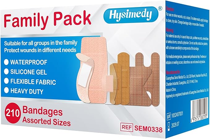 Hysimedy Adhesive Assorted Bandages Variety Pack 210 Counts Flexible Fabric Heavy Duty Waterproof Silicone Hypoallergenic Latex Free for Sensitive Skin Wounds Care Medical First Aid Kit Supplies