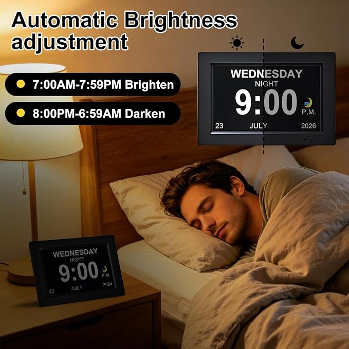 8 Inch Black Digital Dementia Clock, Large Display Calendar Clock, 15 Medication Reminders, Auto DST, Auto Brightness Adjustment, Equipped with Remote Control