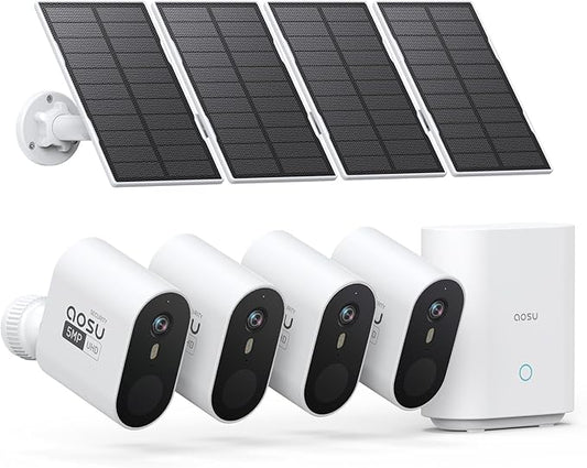 aosu 3K/5MP Solar Security Cameras Outdoor Wireless, Ultra HD Video Home Security System 4-Cam Kit with 166° Ultra Wide Angle, Cam-to-Cam Sync, Color Night Vision, Spotlight & Siren, No Monthly Fees