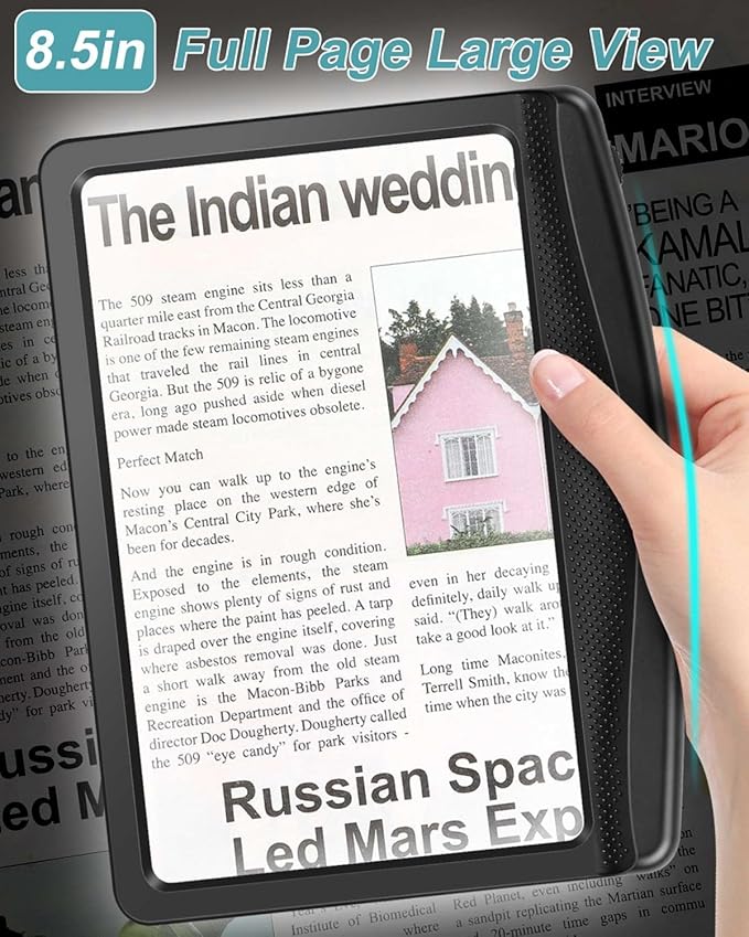 5X Rechargeable Magnifying Glass for Reading, Large Bright LED Lighted Full Page Magnifier, Lightweight Rectangular Handheld Magnifier with Light for Reading Small Prints for Seniors, Black