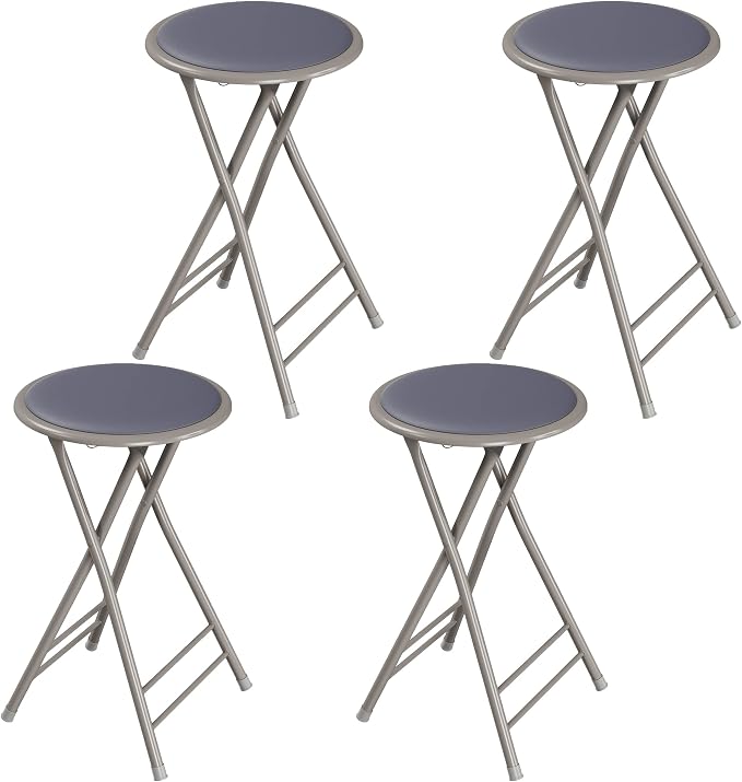 Lavish Home Folding Stool with Padded Backless Seat Set of 4, Gray, 24” | Counter Height Bar Stools with 225lb Capacity, Portable Indoor & Outdoor, Extra Seat for Kitchen, Rec Room or Camping
