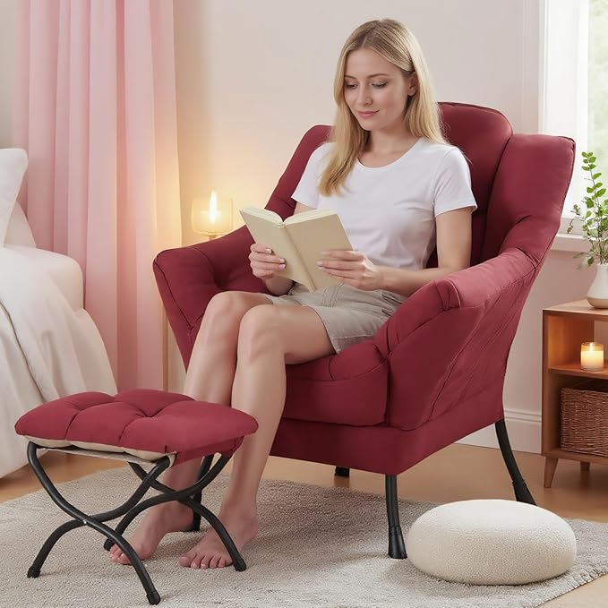 Tiita Lazy Chair with Ottoman, Modern Large Accent Lounge Armchair, Comfy Leisure Sofa Reading Chair with Footrest for Bedroom, Living Room, Dorm Rooms, Garden and Courtyard, Wine red