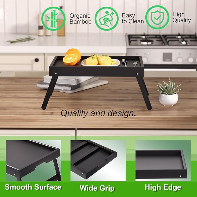 Fibogollo 2 Pack Bamboo Bed Tray Table with Folding Legs,Breakfast Trays,Serving Tray for Food and Snack,Laptop Trays for Working(Black)