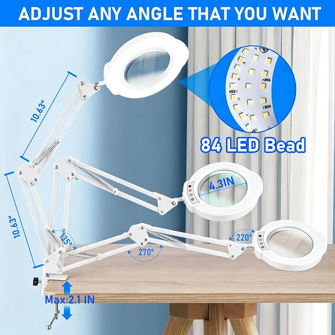 White 10X Magnifying Glass with Light and Stand, LED Desk Lamp with Clamp, 5 Color Mode, 10 Dimmable Levels, Hands Free for Reading Crafts Jewelry Sewing Close Work