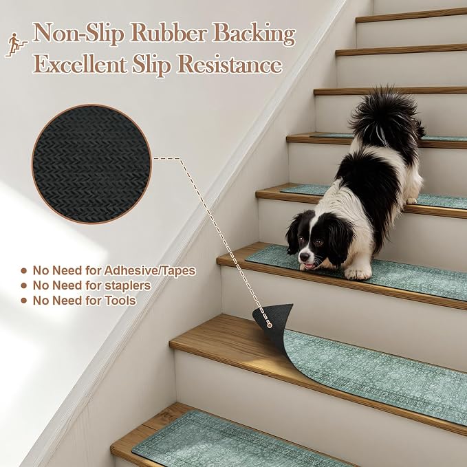 Vintage Stair Treads Non Slip Stair Runners for Wooden Steps 15PCS 8"x30" | Indoor Carpet Stair Treads for Wood Stairs Rubber Staircase Step Treads for Kids & Dogs, Stair Covers, Green