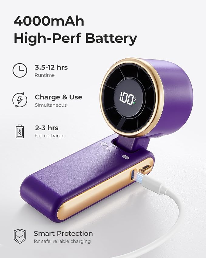 Portable Handheld Turbo Fan - 5 Gear High Speed 4000mAh Rechargeable Mini Personal Hand Fan Blow Cold Air, Battery Operated Travel Essentials, Beach Vacation, Gifts for Women, Men (Purple)