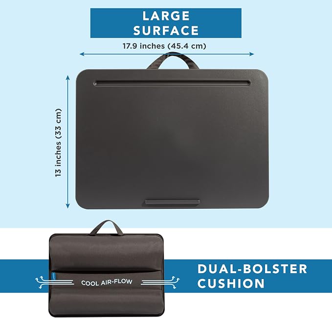 LAPGEAR The Original Lap Desk – Charcoal, Fits 17" Laptops | Microbead Cushion, Device Ledge, Built-In Pencil Tray, Carry Handle