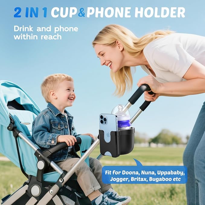 2 Pack Cup Holder for Walker: Stroller Cup Holder with Phone Holder Black | Wheelchair/Rollator/Scooter Stroller Accessories, Fits for Uppababy, Nuna, Doona, Baby Travel Essentials, Gifts for New Mom