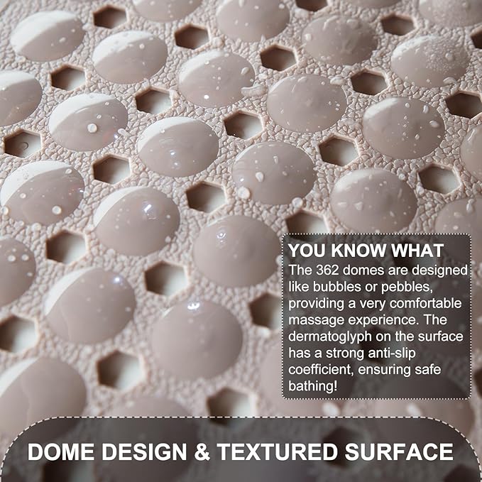 Bath Tub and Shower Mats, Non Slip 40 x 16 Inch Extra Long Bathtub Mat, Machine Washable Bathmat with Drain Holes, Suction Cups for Bathroom Floor, Tan