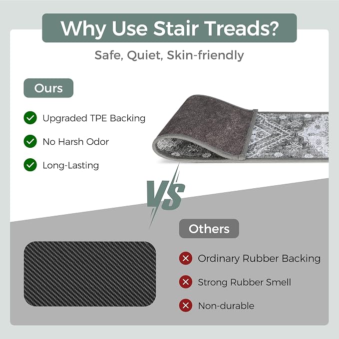 sarben 8"x30" Non Slip Stair Treads for Wooden Steps 15 Pack, Charcoal | Peel and Stick Carpet Stair Runner with TPE Adhesive Backing, Carpet for Added Safety, Pet and Senior Friendly