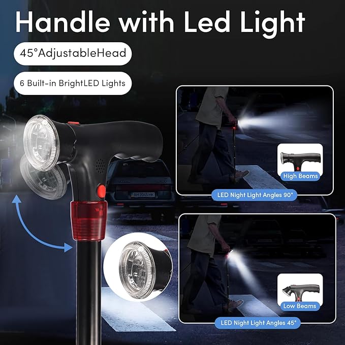 Walking Cane for Men & Women with Alarm, LED Light and Foldable Handle, Foldable, Adjustable, Lightweight, Free Self Standing Walking Cane for Seniors & Adults