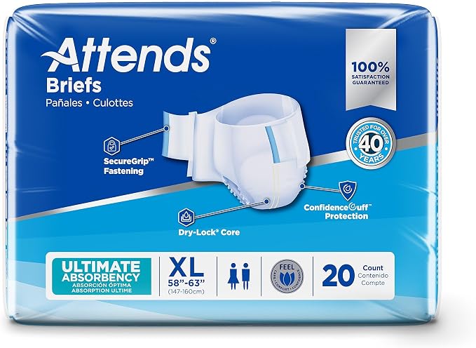 Attends Confidence® Adult Unisex Disposable SmartCool® Briefs, X-Large, 58"-63" Waist, SecureGrip Tab Closure, Ultimate Absorbency, Breathable Materials, 20ct Bag