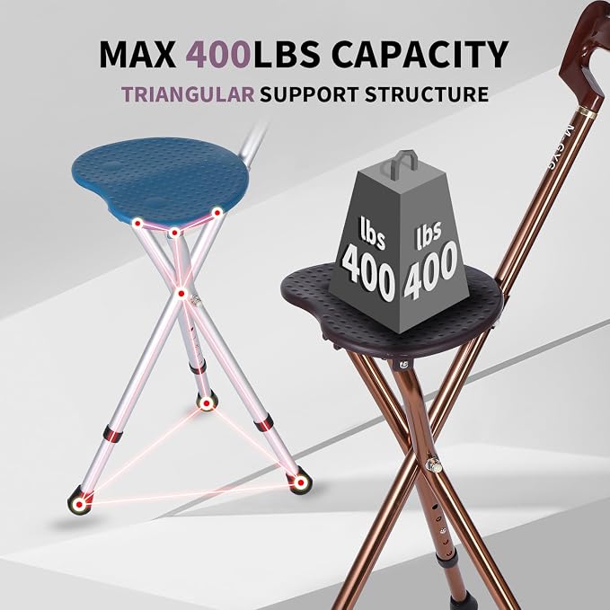 Alloy Folding Cane with Seat, Lightweight Walking Stick Cane with Seat 400lbs Capacity,Adjustable Height (32"-36") & Seat (18"-23"),Portable Cane Seat Chair with Anti-Slip Support for Adults Seniors
