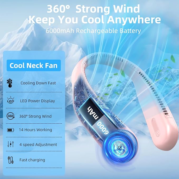 Portable Neck Fan, Personal Wearable Bladeless Fan, 6000mAh USB Rechargeable, 360° Airflow, LED Display, 4-Speeds, Hands Free Fan for Outdoor Indoor, Birthday Gifts for Men Women Dad Mom (Pink)