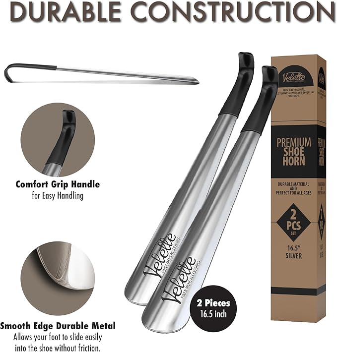 Velette Long Shoe Horn for Seniors - 2 Pack 16.5" Metal Shoe Horn Long Handle for Seniors, Men, Women & Kids - Boot Horns, Shoehorn Long-Handle, Elderly Must Haves - Shoes Spoon, Gifts for Elders