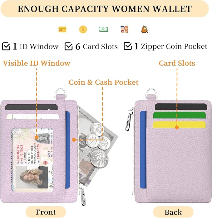 Hancynir Minimalist Slim Wallet Women Credit Card Holder, RFID Small Cute | Zipper Pocket Wallet, Thin Travel Coin Purse, Ladies Women Gifts, Key Chain Card Case, 6 Card Slots, ID Window, PU Leather