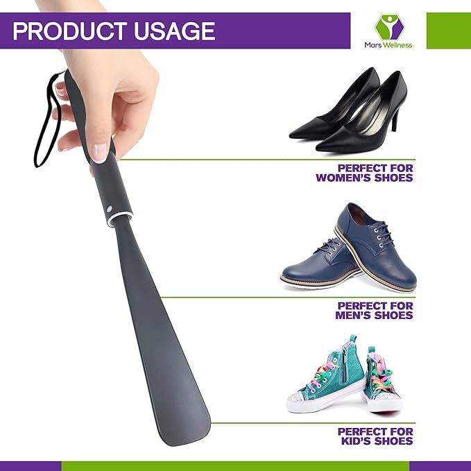 MARS WELLNESS Extended Shoe Horn with Extra Long Handle for Seniors - 14.5" to 37" Retractable Metal Shoe Horn - Soft Grip, Travel Friendly, Collapsible Aluminum Hip Kit - Great Gift for Elders