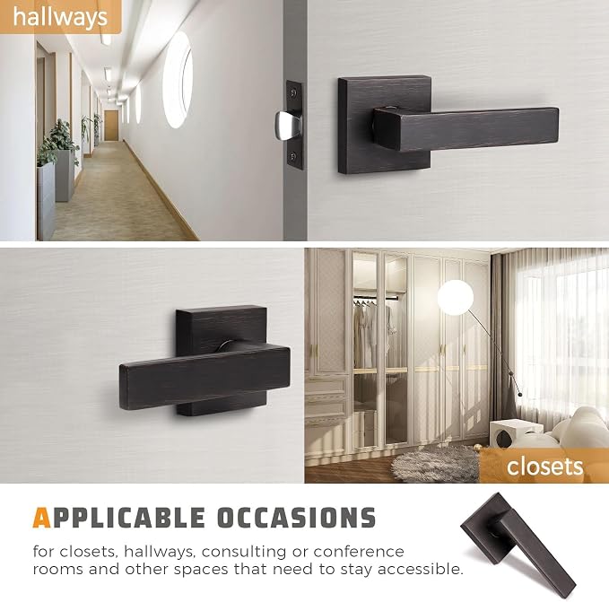 KNOBWELL 8 Pack Passage Door Handle Interior, Oil Rubbed Bronze Door Handles for Closet/Hallway Without Lock, Pull Only Square Door Knob with Levers