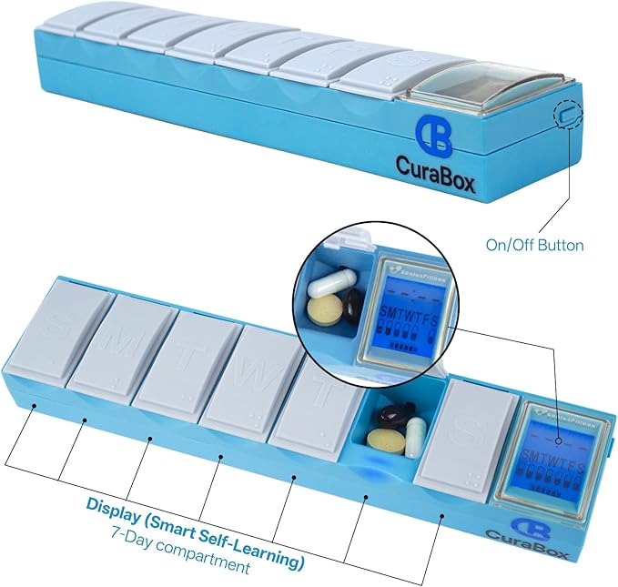 Pill Dispenser with Alarm Medication Alert Smart Pill Organizer with Alarm 7-Day Weekly Case with Auto-Learning Habit Sensor, LCD Status Icons, Rechargeable, Portable