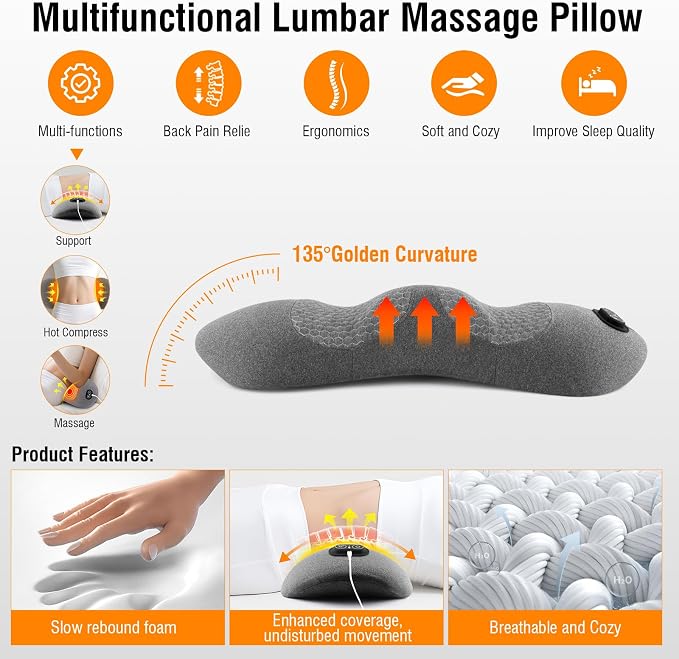 USUIE Electric Lumbar Support Pillow, Lower Back Massager for Pain Relief | Heat & Massage & Smart Traction in One, Ergonomic Memory Foam, Ideal for Sciatica, Back Restore, Use in Car/Office/Home/Chair