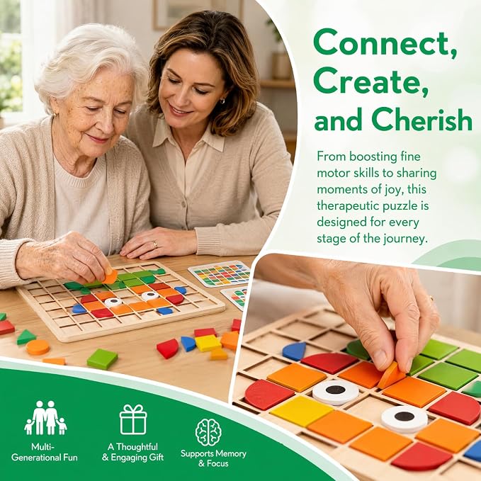 120 Pieces Wooden Puzzle Blocks for Seniors | Memory Games for Adults, Dementia Must Haves, Tangram Puzzles for Elderly, Alzheimer's Activity Board