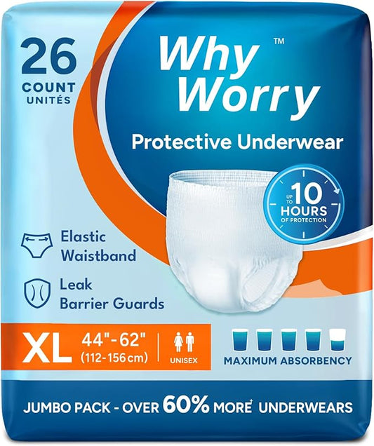 WhyWorry Incontinence Underwear for Women & Men, XLarge, 26 Count | Disposable Adult Pull Ups with Maximum Absorbency, Leakproof Adult Diaper Pants, Overnight Protection, Odor Control, Unisex