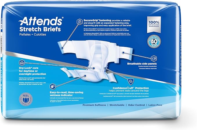 Attends Stretch Adult Incontinence Disposable Briefs, Medium/Regular 31"-52" Waist with SecureGrip Tab Closure, Ultimate Absorbency with Dry-Lock Containment Core and Breathable Side Panels, 96ct Case