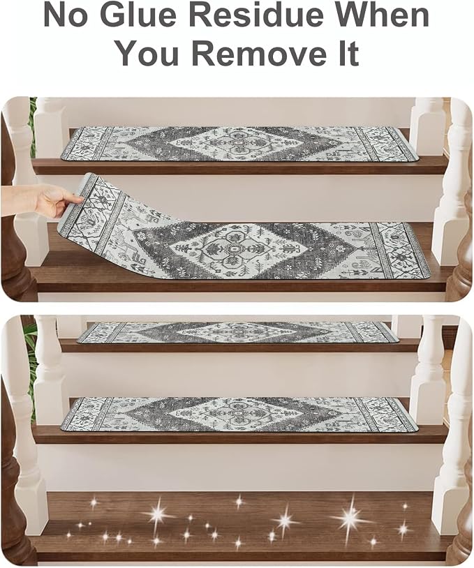 OJIA Extra Non-Slip Stair Treads for Wooden Steps Indoor 15PC Stair Runners | 30"X8" Slip Resistant Stair Rugs Safety Mats for Dogs, Kids & Elders, Rubber Backed Stair Treads Stair Covers, Gray