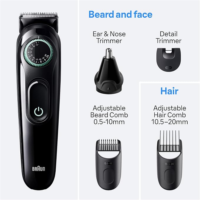 Braun All-in-One Style Kit Series 3 3450, 5-in-1 Trimmer for Men with Beard Trimmer, Ear & Nose Trimmer, Hair Clippers & More, Ultra-Sharp Blade, 40 Length Settings and Washable