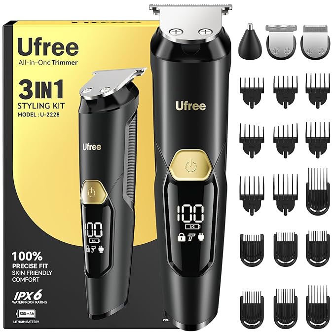 Ufree 3-in-1 Beard Trimmer for Men, IPX6 Waterproof Electric Razor Shaver | Beard, Nose, Hair, Stainless Steel Blades, USB-C Fast Charge, 120-Min Usage, 8000 RPM, Wet and Dry, LED Display, Travel Lock