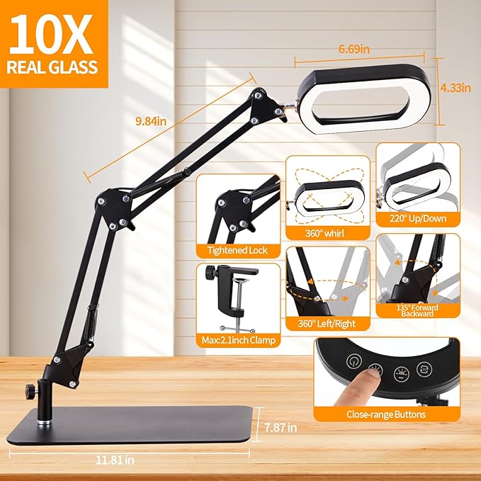 10X Magnifying Glass with Light and Stand: 2-in-1 LED Lighted Magnifier Lamp with Clamp - Hands Free Magnifying Glasses Desk Lamp for Reading Close Work Painting Craft Hobby