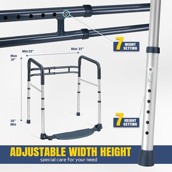 Toilet Safety Rails with Footrest, Folding & Portable Bathroom Toilet Handles for Elderly, Seniors, Handicap & Disabled, Adjustable Toilet Safety Frame Fit Any Toilets (350 LB)