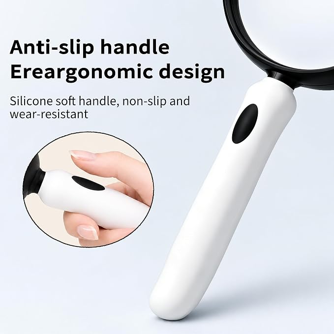10X Large Magnifying Glass for Reading, Handheld Magnifier with 5.12-Inch Shatterproof Lens, Non-Slip Soft Handle for Seniors, Close Work, Books, Hobbies and Nature Exploration(White)