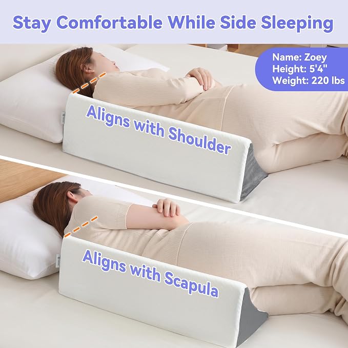 Vekkia Wedge Pillow for Side Sleeping, Ergonomic Back Support Pillow with High-Density Foam for Pregnancy Support, Back Pain, Preventing Bedsores, Surgery Recovery, Removable Cover, White/Gray