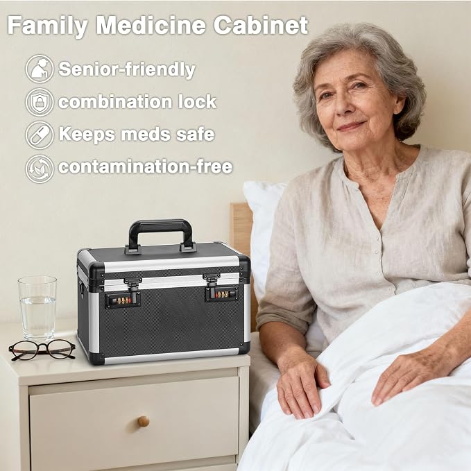 Medicine Box with Combination Lock - 10"x6"x6.7"First Aid Safe Medication Storage Case, Personal Items Safe Case for Hospital & Home & Outdoor 【Tactical Black,No Tray】