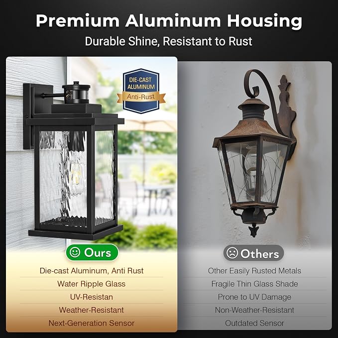VIANIS Large Advanced Motion Sensor Outdoor Lights, Outdoor Wall Lights | Easy-to-Install, Aluminum Waterproof Porch Light, Water Glass, Black Dusk to Dawn Outdoor Wall Lights for Porch, Garden, Door